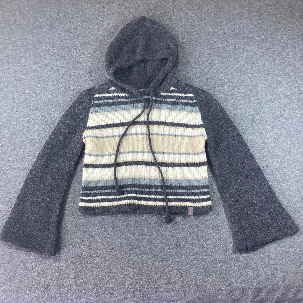 Vintage Y2K Wool Blend Hoodie Sweater Juniors Small S Gray Stripe Flared Sleeves